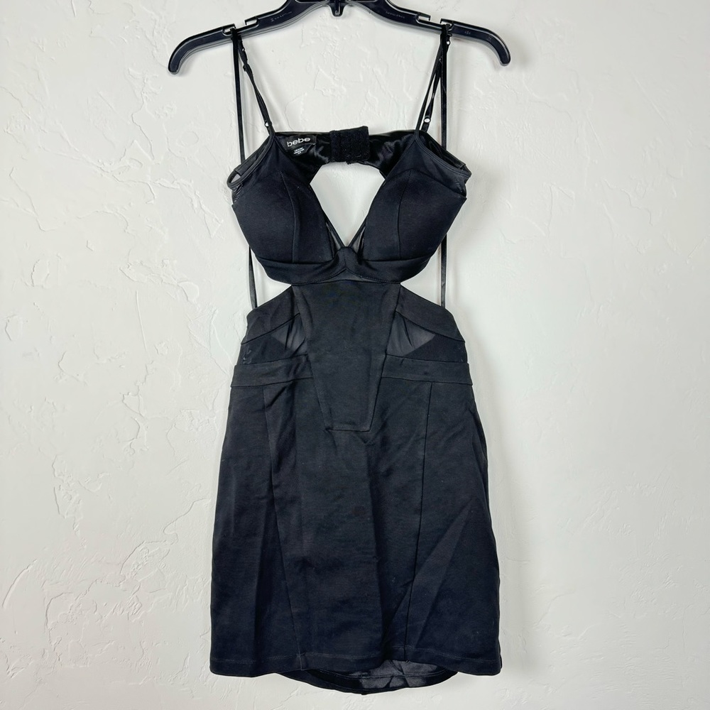 Bebe Dress Solid Black Bodycon Bandage‎ Cut Out Sheer Paneled Lined Sexy Fitted